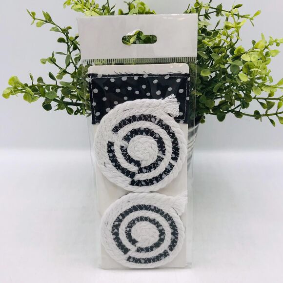 Rope Car Coasters Boho Black and White Dots One Set of 2 For Car Cup Holders - Picture 4 of 4